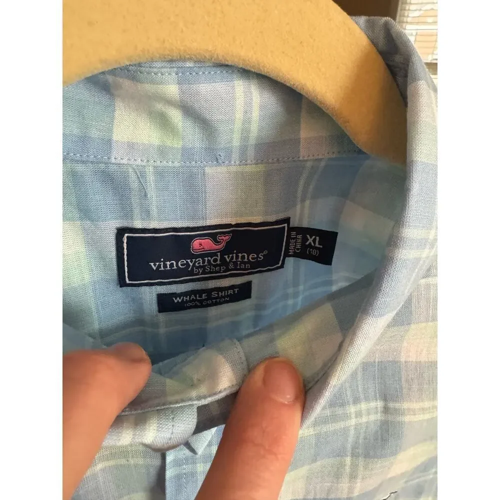 Vineyard Vines linen whale shirt button up plaid boys size XL/16 EUC